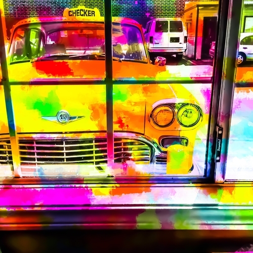 yellow classic taxi car with colorful painting abstract in pink orange green Mural by Timmy333