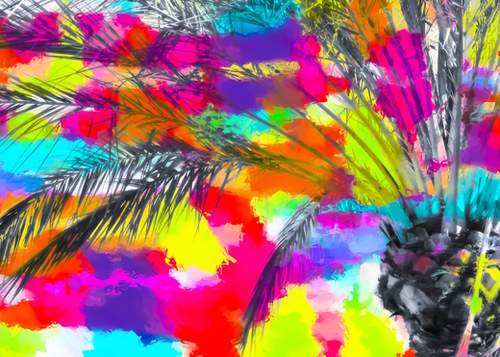 palm tree with splash painting abstract background in red pink yellow blue Mural by Timmy333
