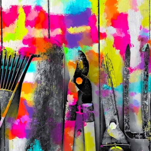 gardening tool with colorful wood painting abstract background in pink yellow blue orange purple Mural by Timmy333