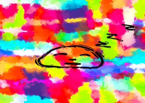 sleeping cartoon face with painting abstract background in red pink yellow blue orange Mural by Timmy333