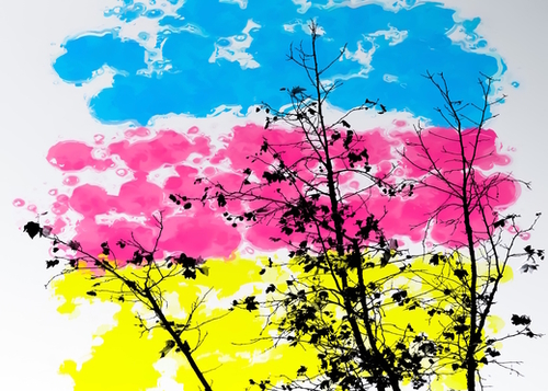 tree branch with leaf and painting texture abstract background in blue pink yellow Mural by Timmy333