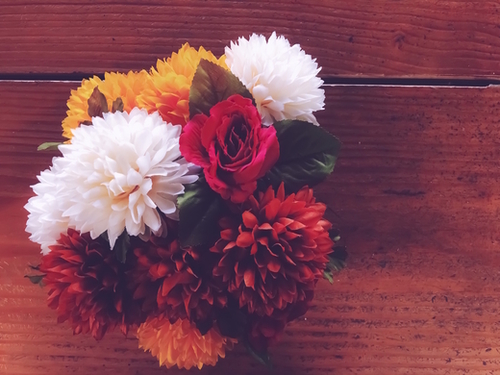 red rose and yellow white and brown flower with wood background Mural by Timmy333
