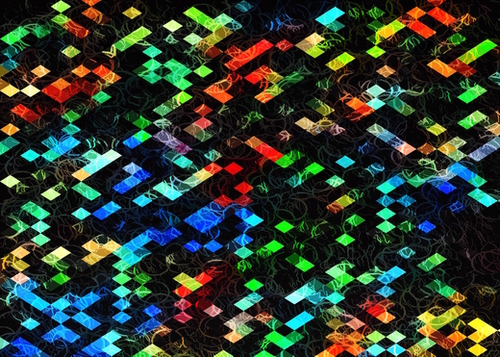 psychedelic geometric pixel abstract pattern in blue green red orange Mural by Timmy333