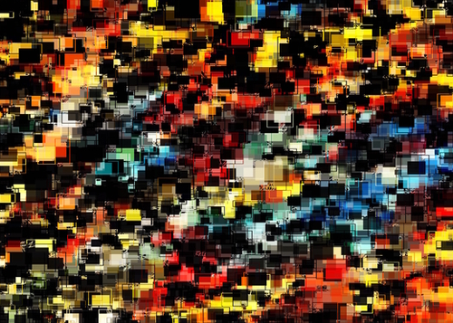 psychedelic geometric pixel square pattern abstract background in red orange blue yellow black Mural by Timmy333