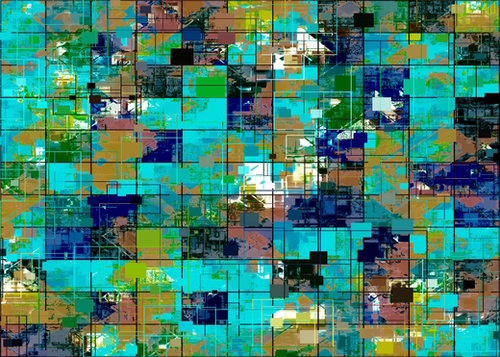 psychedelic geometric square pixel pattern abstract background in blue green brown Mural by Timmy333