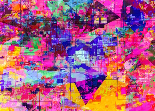 colorful psychedelic geometric splash painting abstract background in pink blue yellow orange green Mural by Timmy333