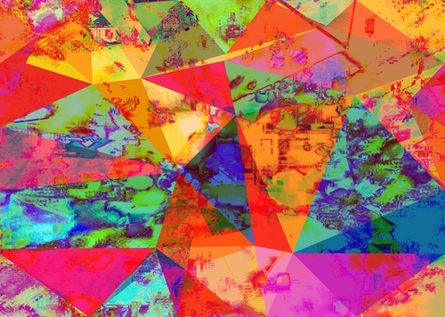 psychedelic geometric triangle polygon pattern abstract background in red orange blue green Mural by Timmy333