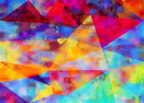 vintage psychedelic triangle polygon pattern abstract in orange yellow red blue purple Mural by Timmy333