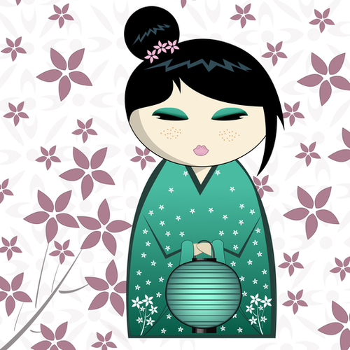 Pink flower kokeshi Mural by PIEL Design