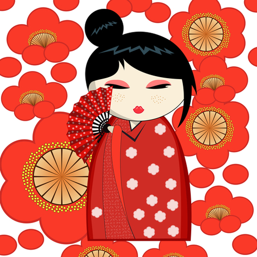 Red flower kokeshi Mural by PIEL Design