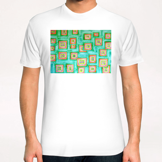 Multicolored Squares on Green Pattern  T-Shirt by Heidi Capitaine